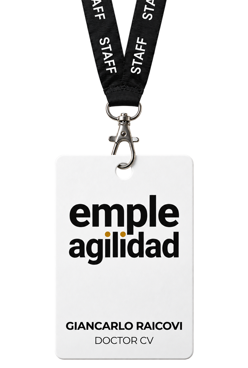 Fotocheck blanco de Empleagilidad colgado de cintas negras